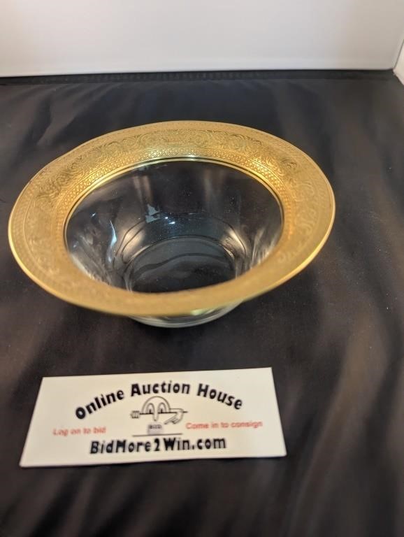 Vintage Glass Serving Bowl with Gold Florentine
