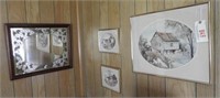 Set of (3) prints and (1) decorative wall mirror