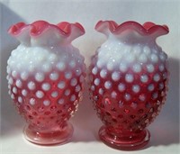 Pair 1940-50’s Fenton Cranberry Glass Opalescent