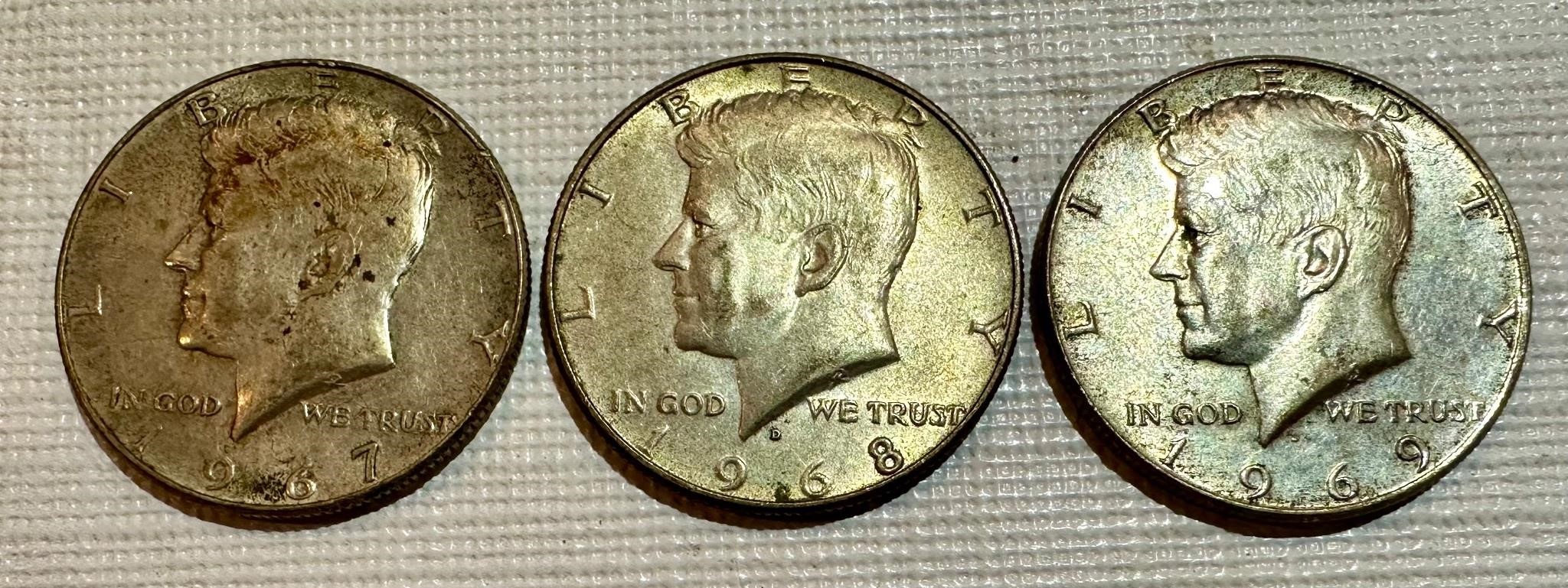 1967, 1968-D, and 1969-D US Kennedy Half Dollars