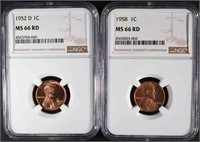 1952-D & 1958 LINCOLN CENTS NGC MS66 RD