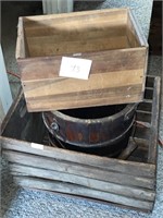 2 wooden crates + 1 wooden pail