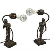 2 Art Deco German Bronze Figural Table Lamps