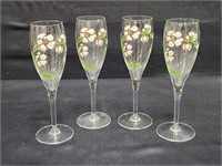 (4) HAND PAINTED CRYSTAL CHAMPAGNE FLUTES