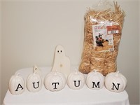 Autumn Ghost Pumpkins and Wooden Ghost