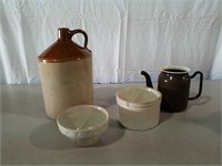 Stoneware jug, small bowl, feeder crock and