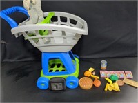 Kids plastic shopping cart with food