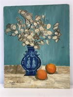 Vintage Blue Vase & Orange Still Life Oil