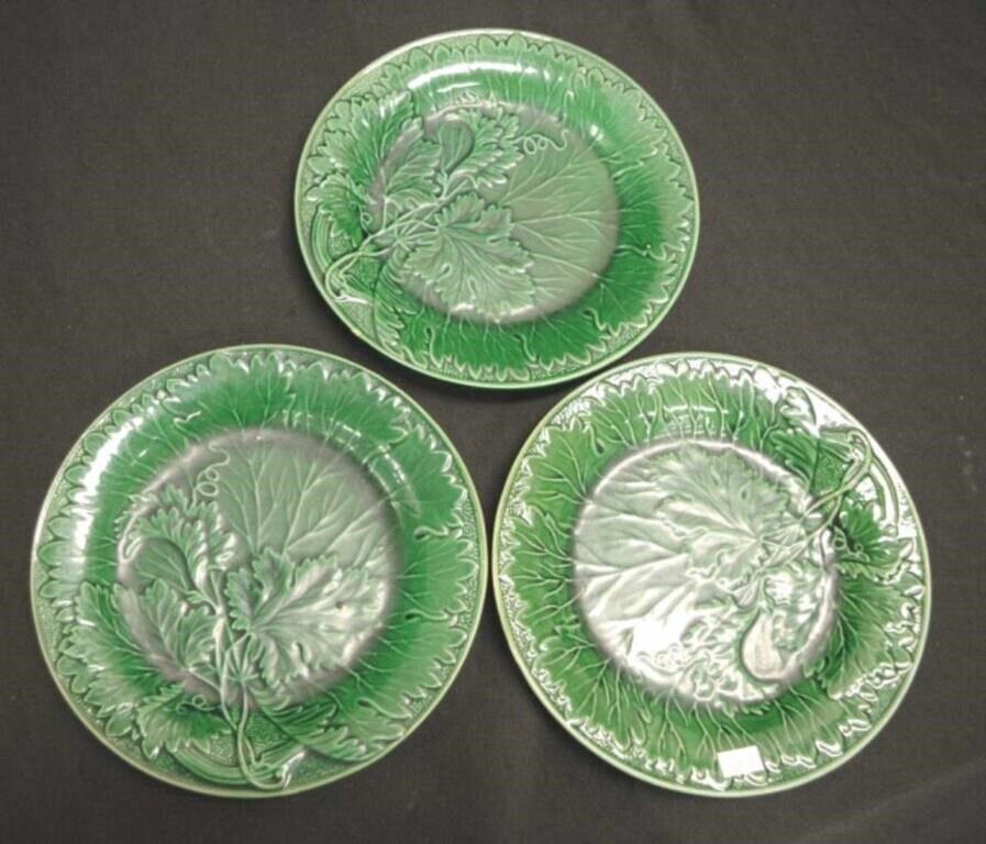 Three 19th century majolica vine leaf plates