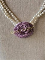 pearls faux & purple rose necklace w/ sterling 18"