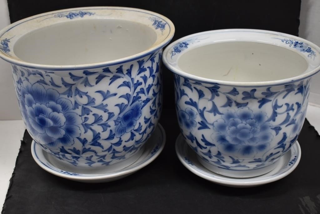 Two Oriental Ceramic Planters with Under Dish