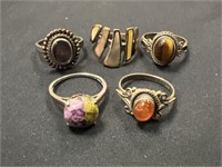 5 Sterling Stamped 925 Rings; Tiger Eye, Purple