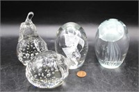 4 Clear Glass Paperweights, Jellyfish, Pear++