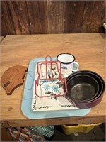 pig cutting board, tray, can holder, tin cup