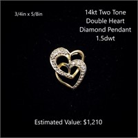 14kt Two Tone Double Heart Diamond Pendant, 1.5dwt