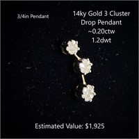 14kt 3 Cluster Diamond Drop Pendant, ~0.20ctw