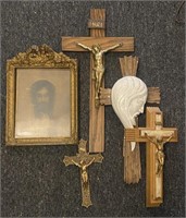 Religious Items incl. Wood & Brass Crosses w/