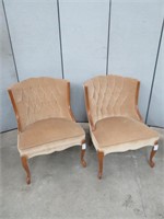 PAIR BEIGE UPHOLSTERED CHAIRS W/ MAHOGANY FRAME