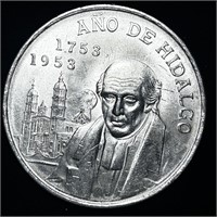 1953 HIGH MS MEXICAN SILVER CINCO PESO ANO HIDALGO