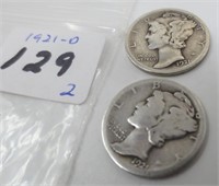 2 - 1921-D Mercury silver dimes
