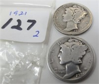 2 - 1921 Mercury silver dimes