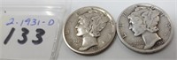 2 - 1931-D Mercury silver dimes