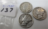 3 - 1930 Mercury silver dimes