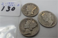 3 Mercury silver dimes, 2-1921, 1921-D