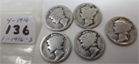 5 - Mercury silver dimes, 4-1916, 1916-S