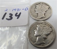 2 - 1931-D Mercury silver dimes