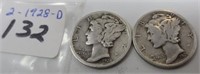 2 - 1928-D Mercury silver dimes