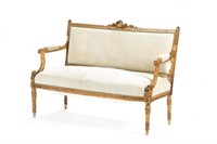 SMALL 19TH C FRENCH STYLE CARVED GILTWOOD SETTEE