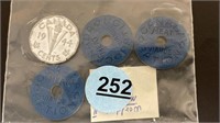 Canada 1944 Nickel & 3 WWII Meat Ration Tokens