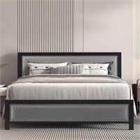 1 VECELO Metal Bed Frame Queen Gray with Linen