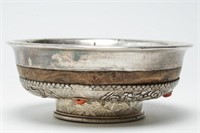 Tibetan Silver Repousse, Wood, & Coral Bowl