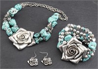 Turquoise & Floral Bead Jewelry Set, 3 Pcs.