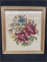 Antique Needlepoint Bouquet Framed Art