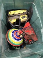 Green tub--old toys, Tonka, tin top