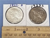 Lot of 2 Peace silver dollars 1923S, 1922D       (