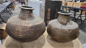 2 - COPPER W/ BRASS ACCENT WATER POTS  12" & 10"