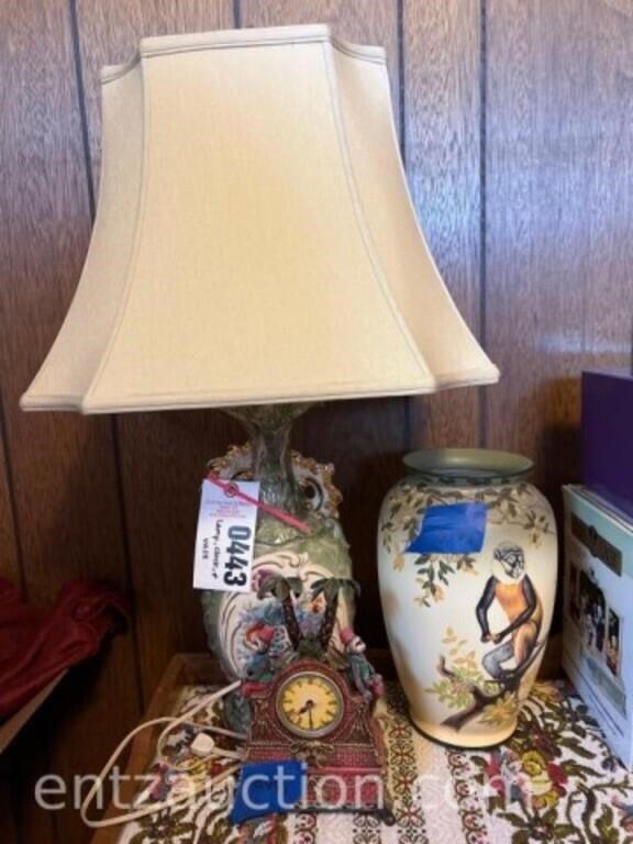 LAMP, MONKEY CLOCK & VASE