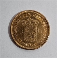 1912 NETHERLANDS GOLD 5 GULDEN COIN