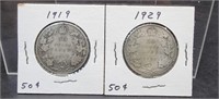 1919 & 1929 CANADIAN SILVER FIFTY CENTS