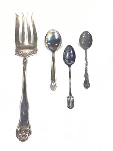 Silverplate Serving Fork & 4 Mini / Souvenir Spoon
