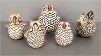 5 Zuni pottery bird figures, owls, etc-