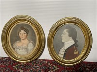 Antique hand-painted portrait pair man and woman