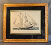Framed Currier & Ives Nautical Print -Vintage