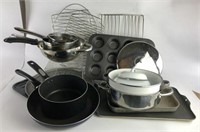 Assorted Kitchen Pans,  Muffin Tin, & Racks
