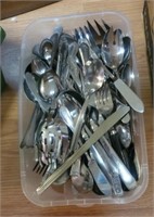 Plastic Bin of Flatware