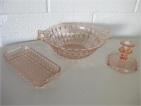 3 Vtg Pink Glass - Bowl Small Tray & Candle Holder